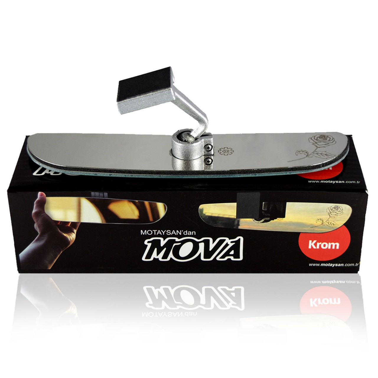 مرآة الرؤية الخلفية الداخلية العالمية Mova Chrome-5 Bent Arm مقاس 250 × 50 مم الرسومات الفنية